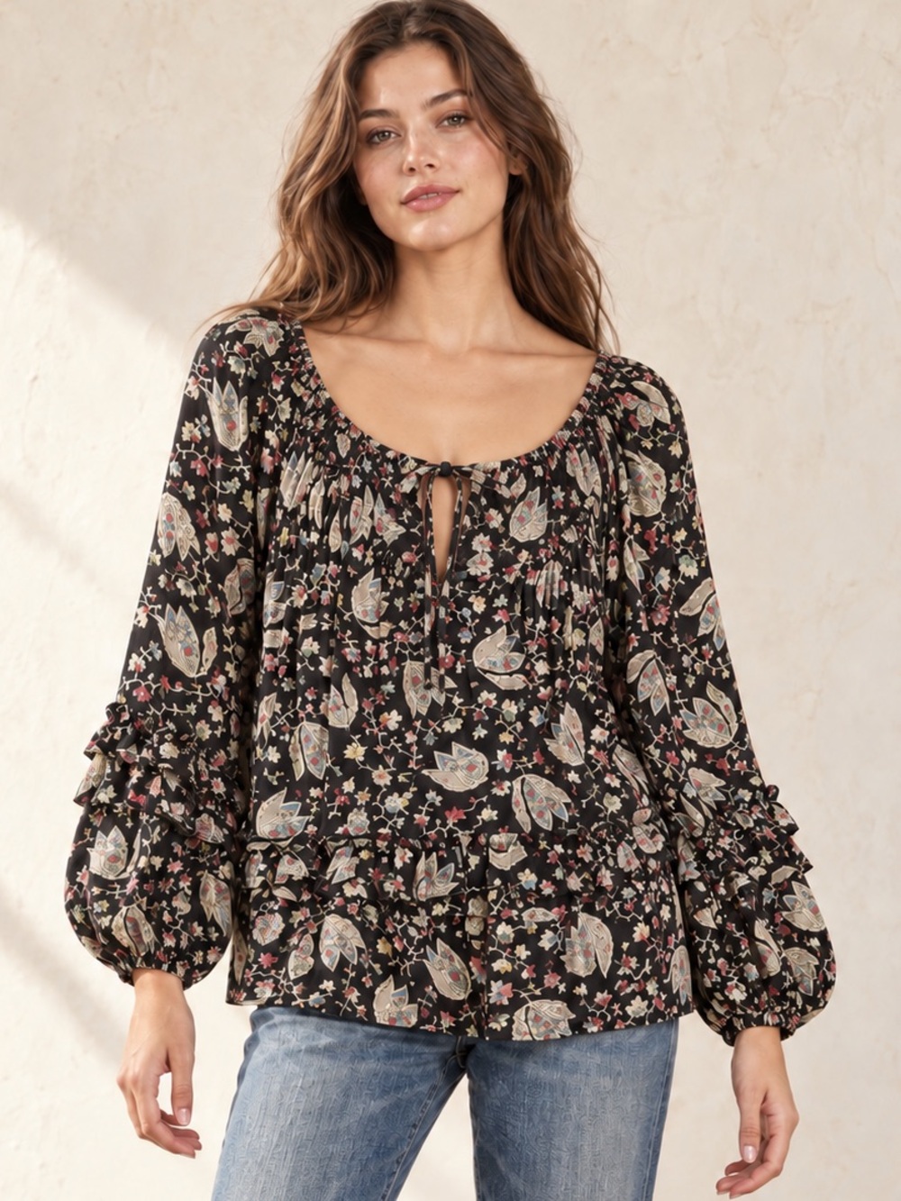 Denim & Supply Bohemian Floral Print Ruffled Blouse | Tie Front Balloon Sleeve